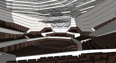 Blick zum Podium im SketchUp des Saales / View to the stage in the SketchUp model of the hall