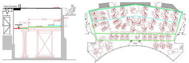 Orchestergraben mit Hubpodien und Anordnung der Orchester-Musiker / Orchester pit with risers, plan view with musicians placement in the pit