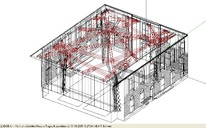 EASE-Modell, Drahtgitter-Darstellung mit rot markiertem absorbierenden Dachstrebenwerk / EASE-Model, wire frame view with highlighted absorptive ceilings beams 